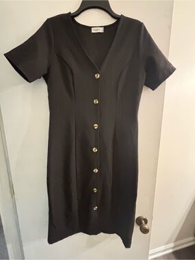 Ginger G Black V-Neck Midi Dress with Wood tone Buttons